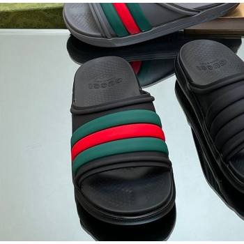 Gucci Mens Rubber Web Flat Slides Sandal Black/Web 2024 0605 (MD-240605165)