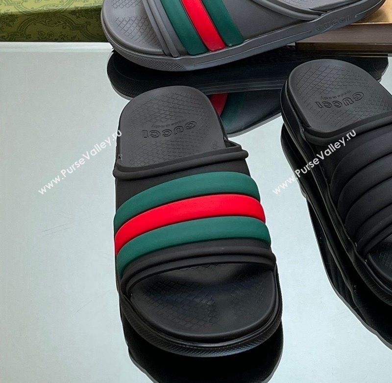 Gucci Mens Rubber Web Flat Slides Sandal Black/Web 2024 0605 (MD-240605165)