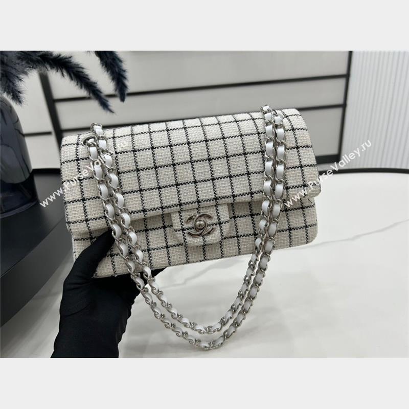 Chanel Classic Check Tweed Medium Flap Bag A01112 White 2023 1020 (yezi-231020054)