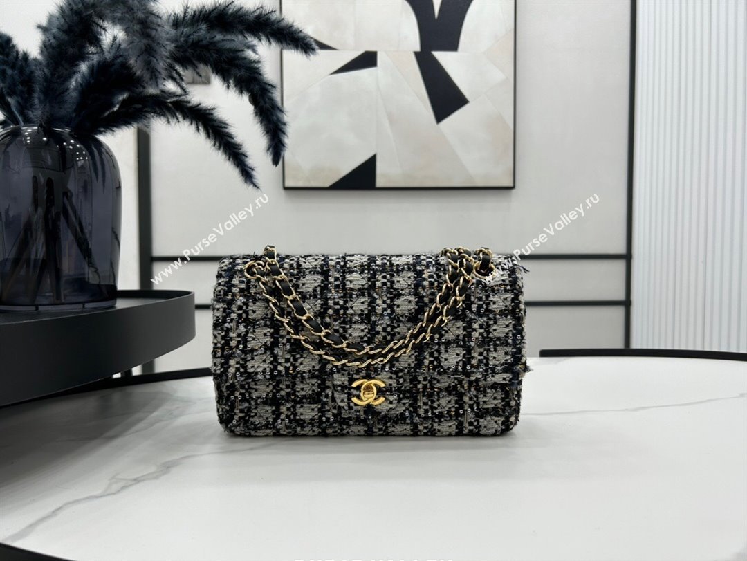 Chanel Classic Tweed Medium Flap Bag A01112 Black Blue White 2023 1020 (yezi-231020055)