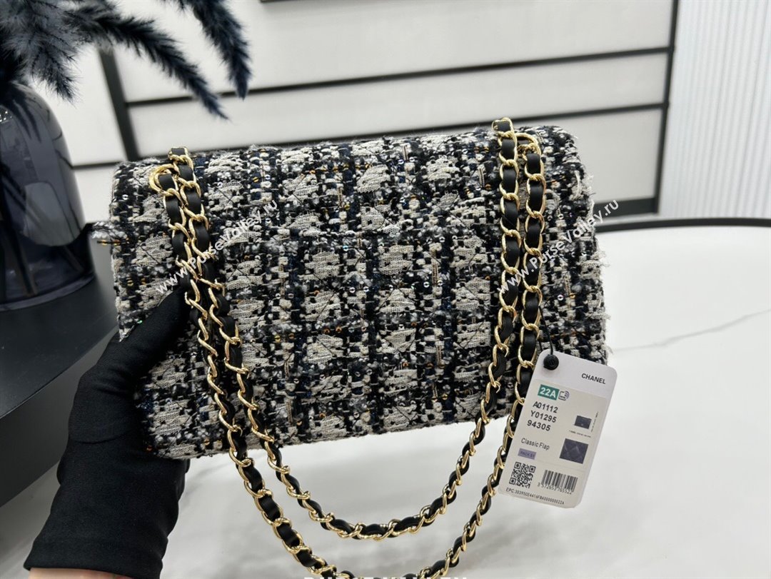 Chanel Classic Tweed Medium Flap Bag A01112 Black Blue White 2023 1020 (yezi-231020055)