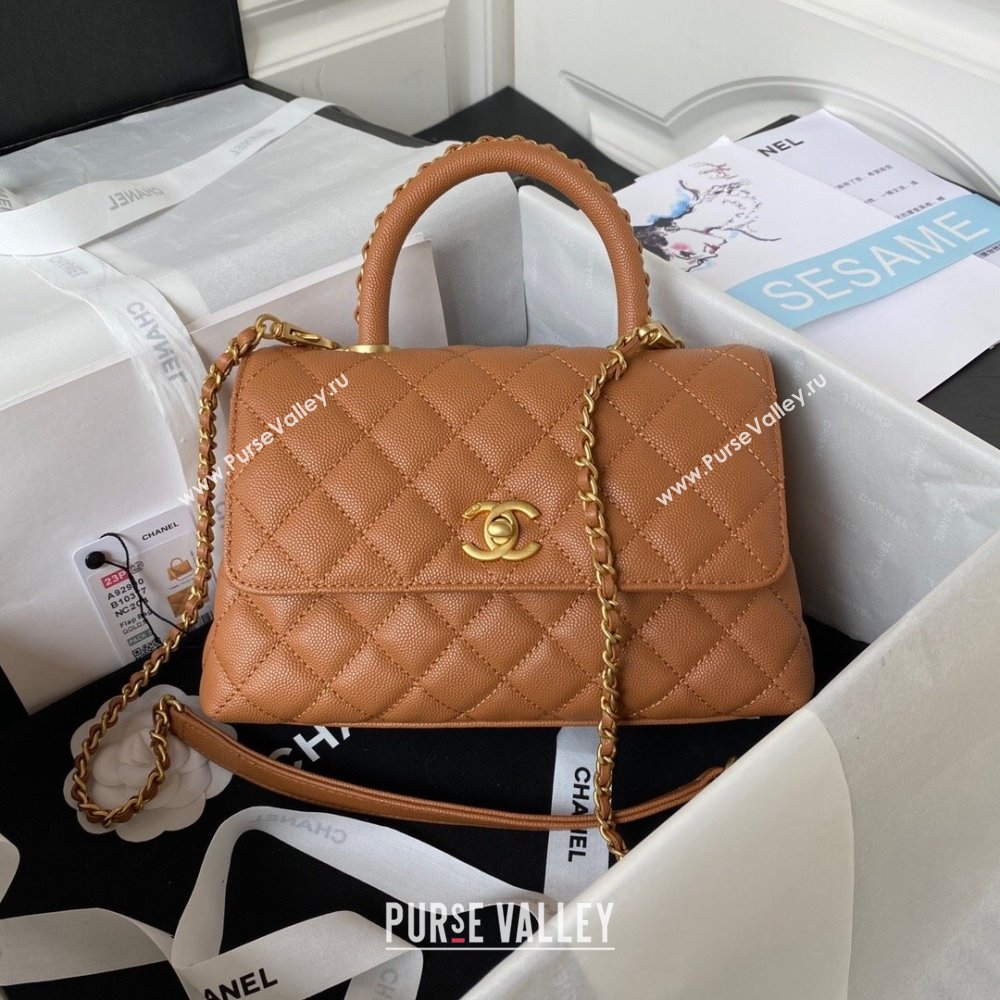 Chanel Coco Handle Quilted Grained Calfskin Small Flap Bag with Top Handle A92990 Brown 2025 0111 (yezi-250111008)