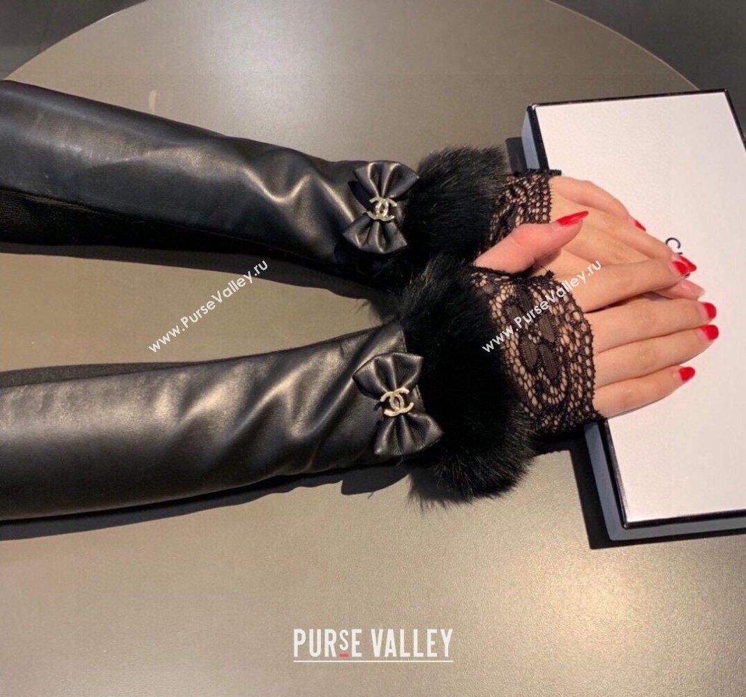 Chanel Lambskin and Fur Sleeve with Lace and Bow Black 2023 1206 (XMN-231206053)