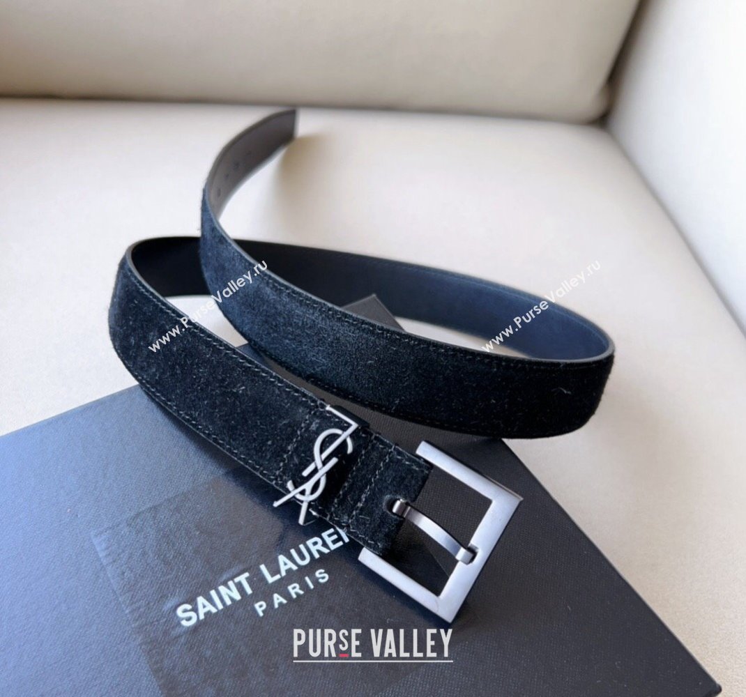 Saint Laurent Cassandra Suede Belt 3cm Black 2023 1207 (99-231207050)