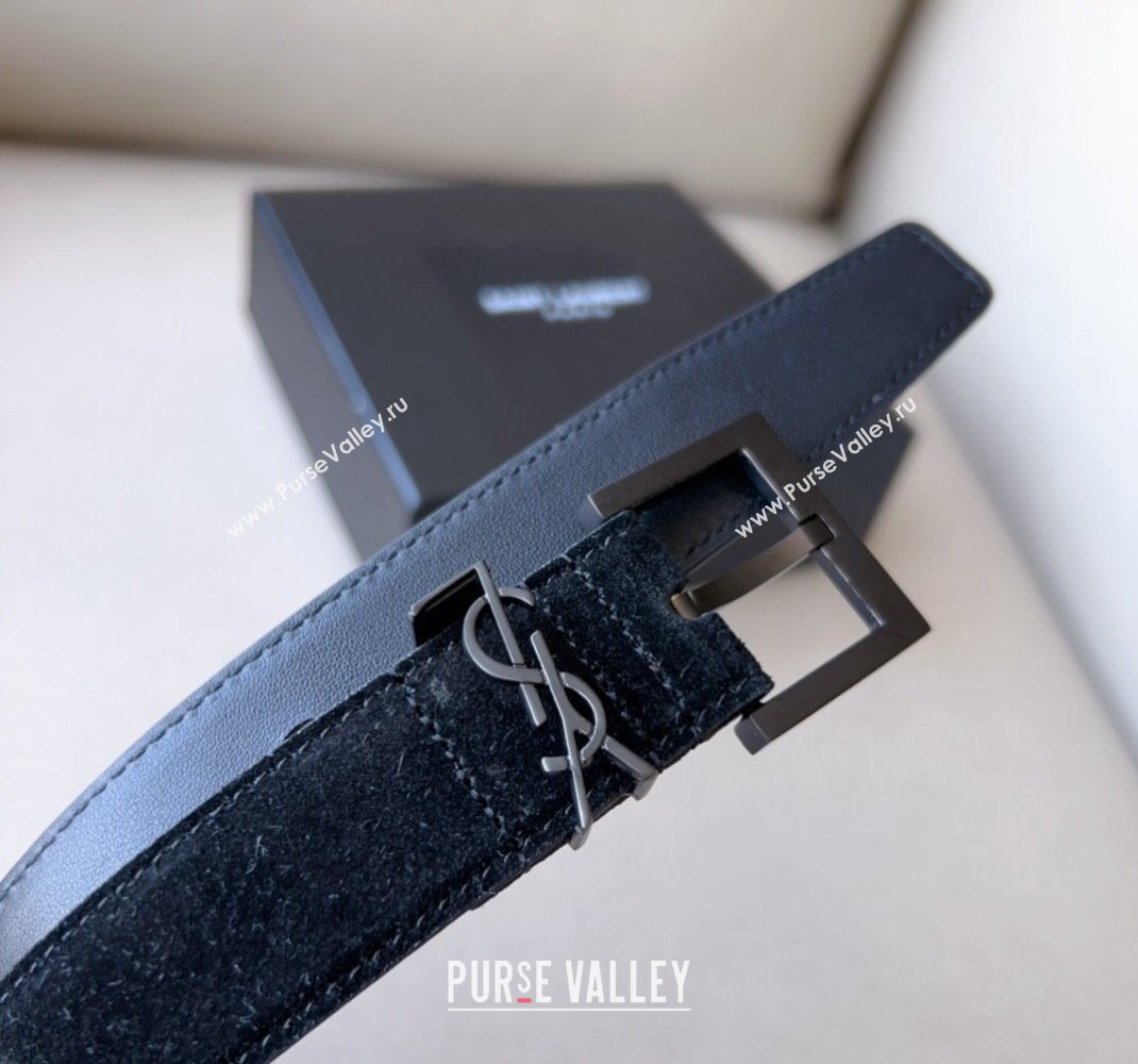 Saint Laurent Cassandra Suede Belt 3cm Black 2023 1207 (99-231207050)