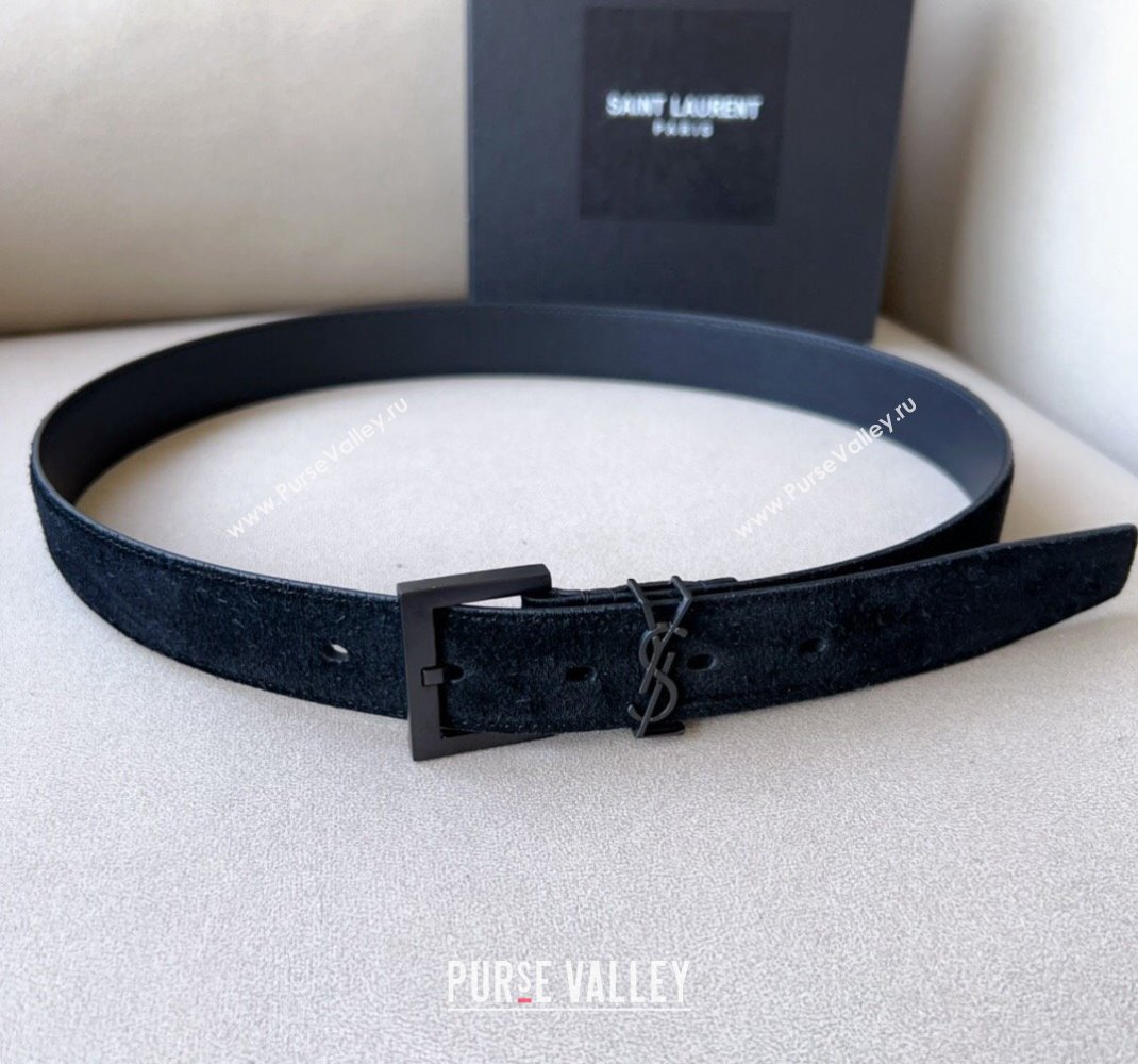 Saint Laurent Cassandra Suede Belt 3cm Black 2023 1207 (99-231207050)