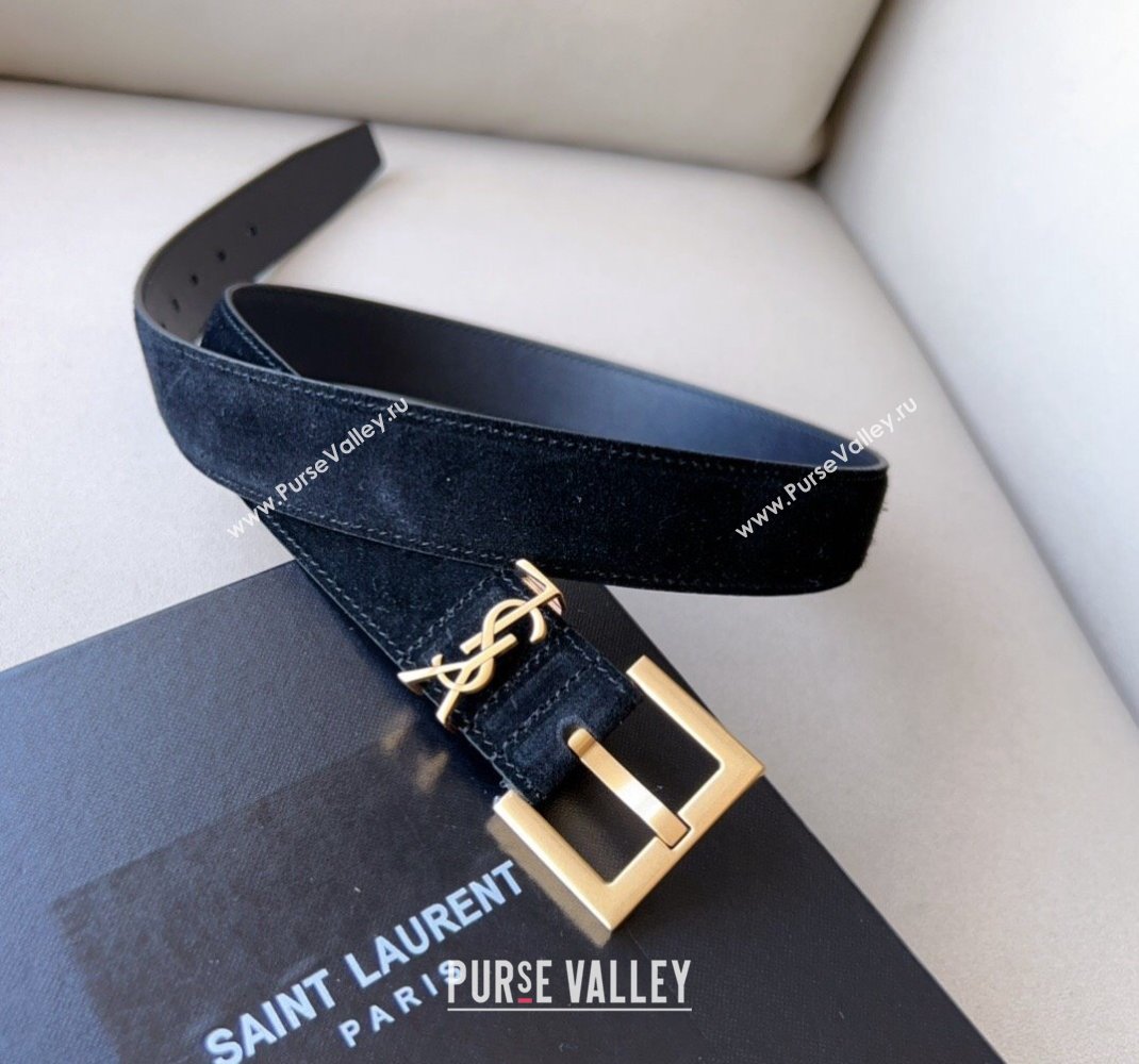 Saint Laurent Cassandra Suede Belt 3cm Black 2023 1207 (99-231207050)