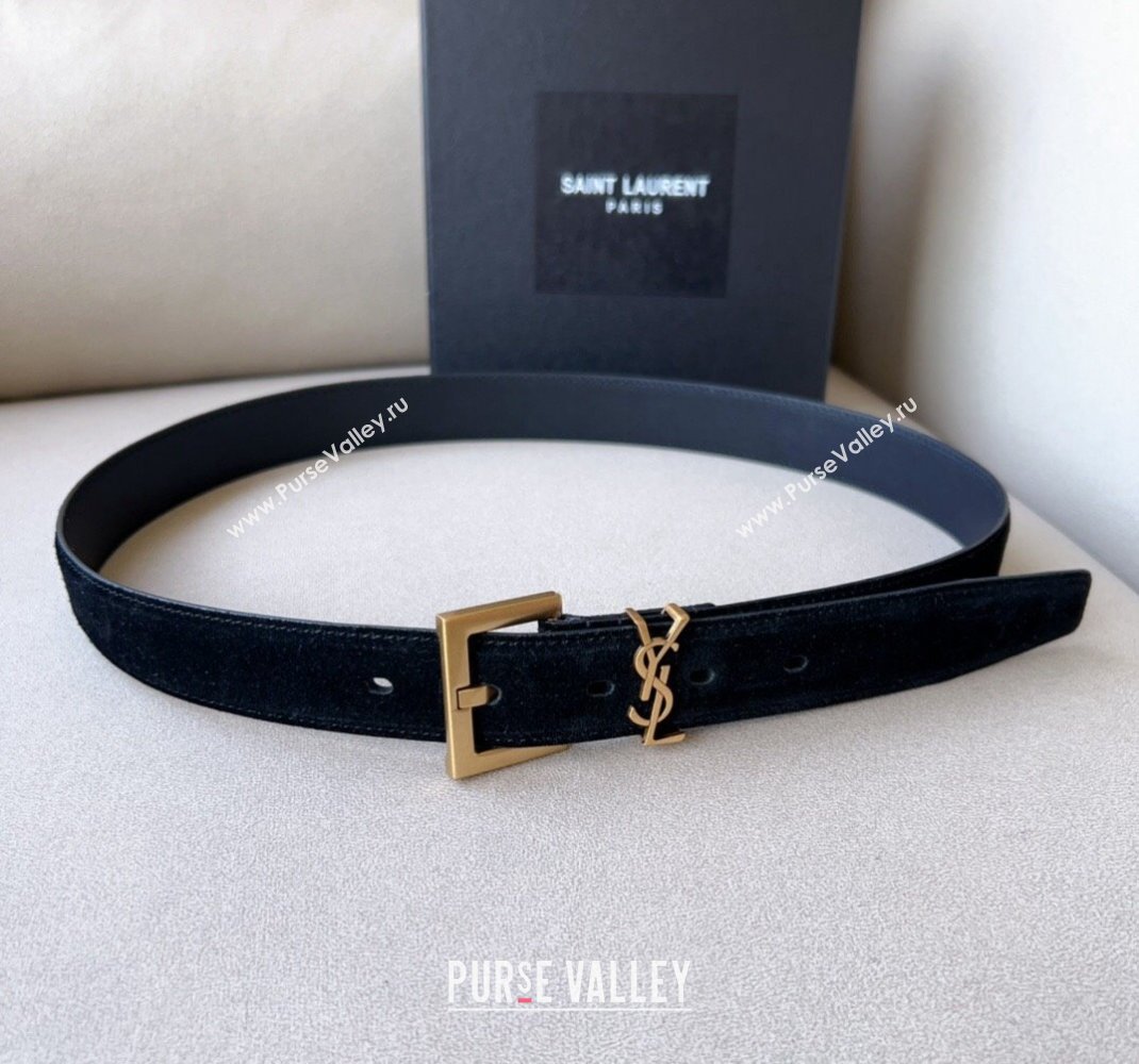 Saint Laurent Cassandra Suede Belt 3cm Black 2023 1207 (99-231207050)