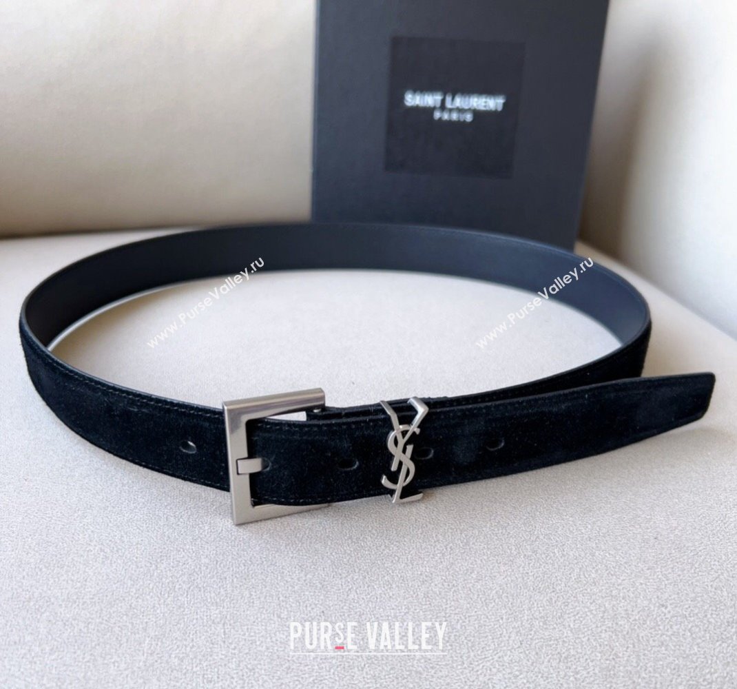 Saint Laurent Cassandra Suede Belt 3cm Black 2023 1207 (99-231207050)