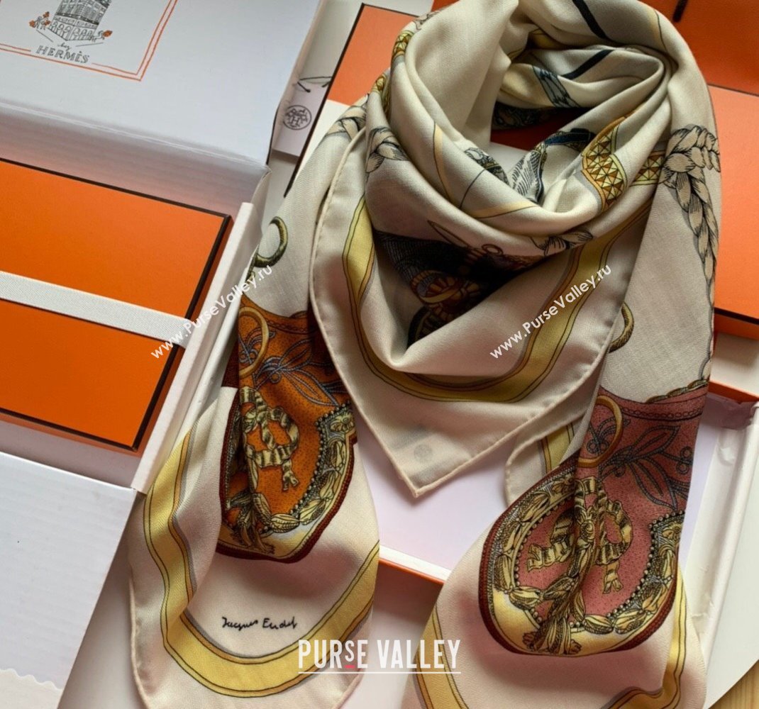 Hermes Cashmere Silk Sqaure Shawl Scarf 140cm FEAST White H112140 2023 TOP (WNS-231206095)