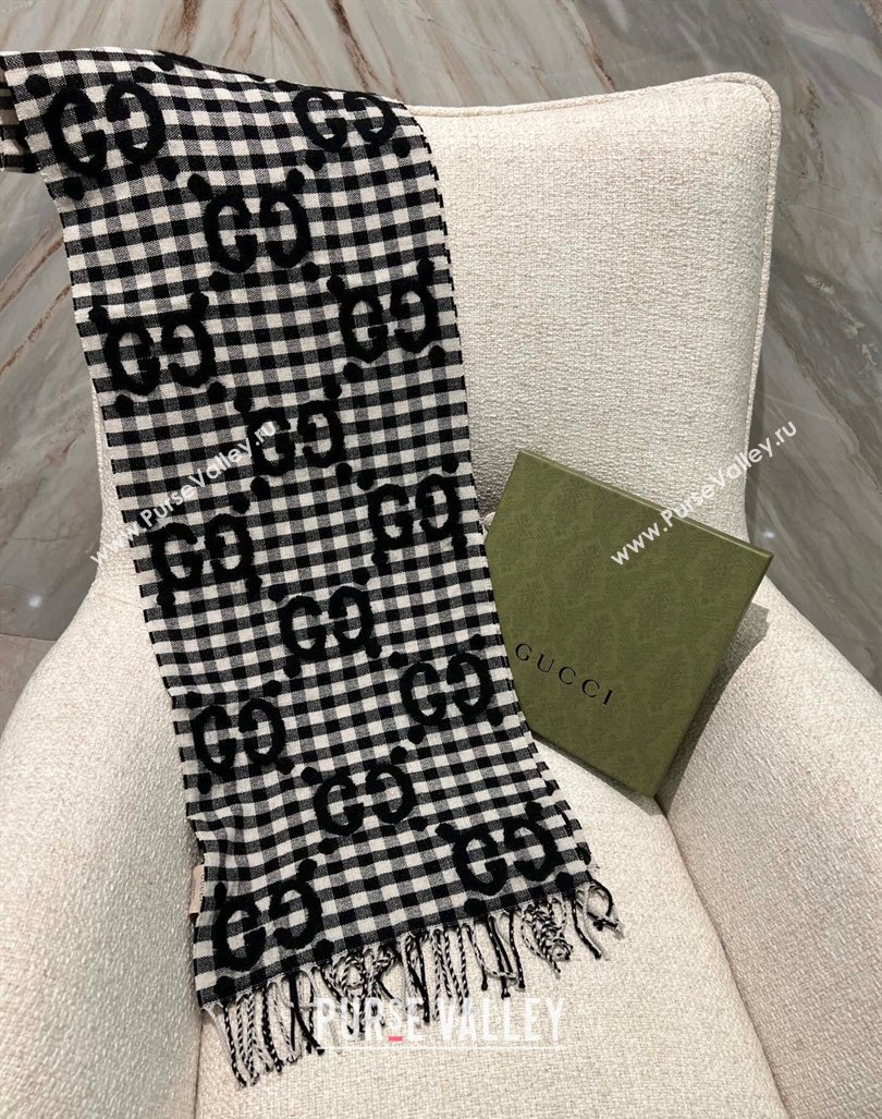 Gucci GG Check Wool Scarf 35x240cm Black 2023 644365 (WNS-231206106)