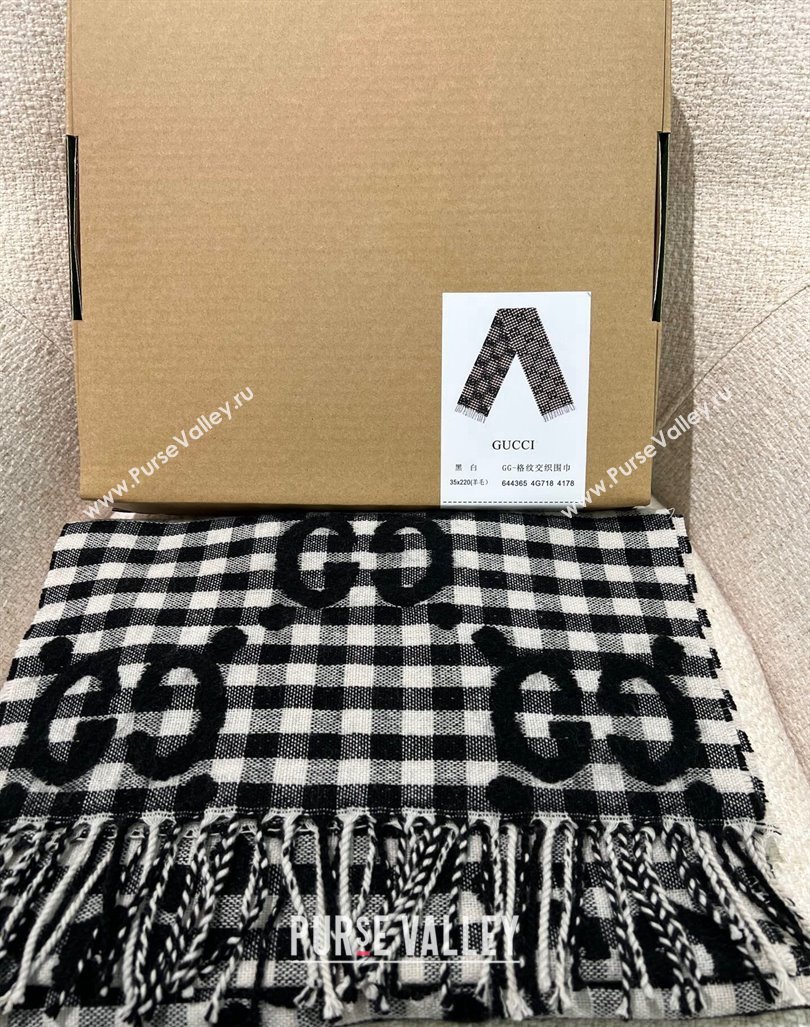 Gucci GG Check Wool Scarf 35x240cm Black 2023 644365 (WNS-231206106)