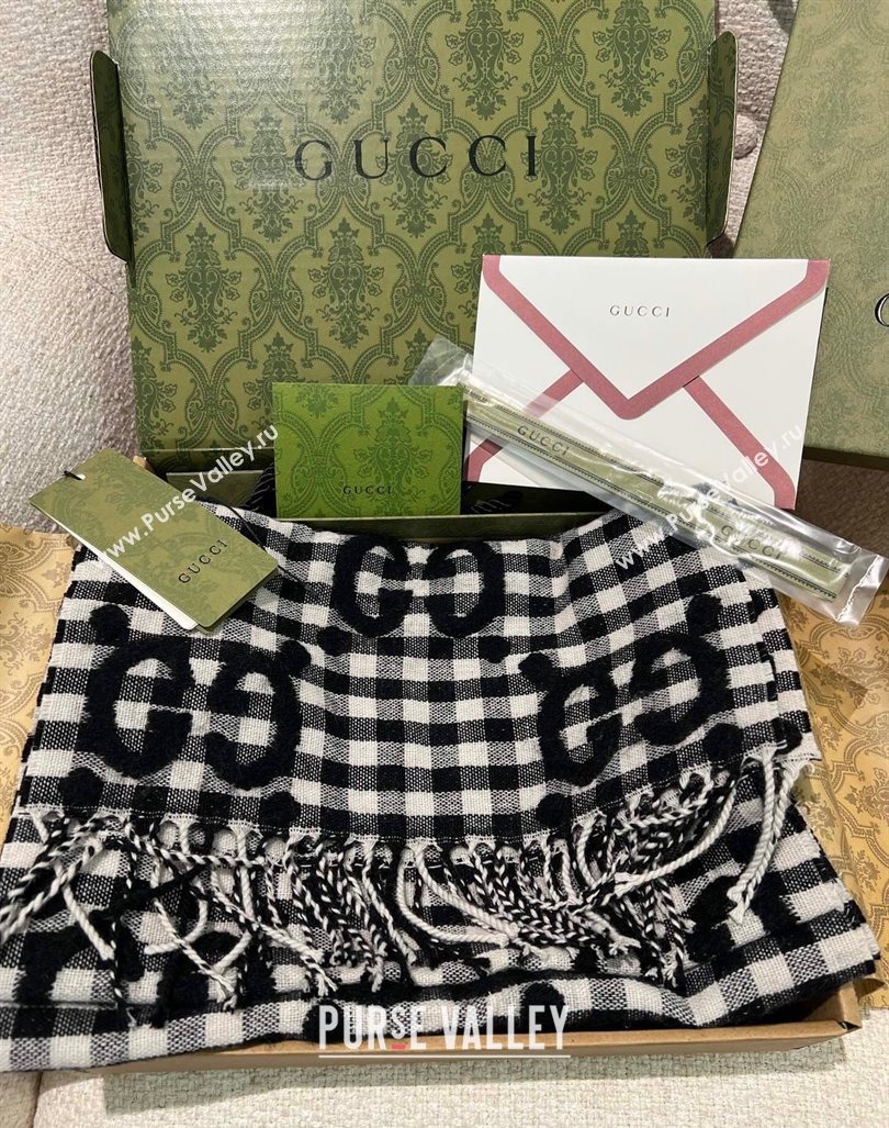 Gucci GG Check Wool Scarf 35x240cm Black 2023 644365 (WNS-231206106)