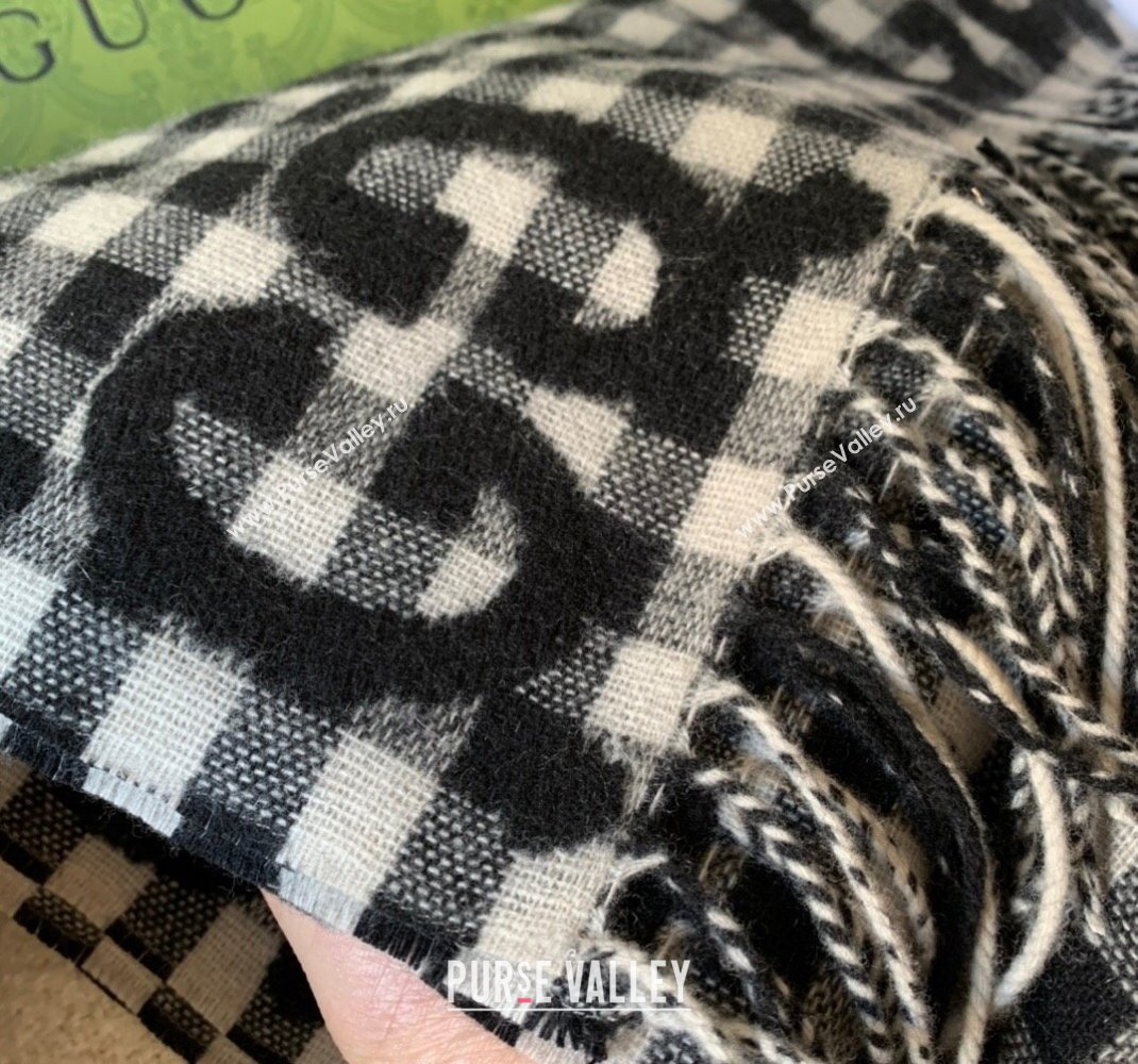 Gucci GG Check Wool Scarf 35x240cm Black 2023 644365 (WNS-231206106)