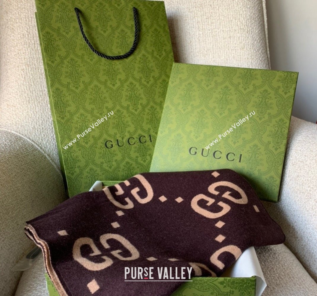 Gucci Jumbo GG Wool Scarf 35x190cm Brown 2023 1206 (WNS-231206108)