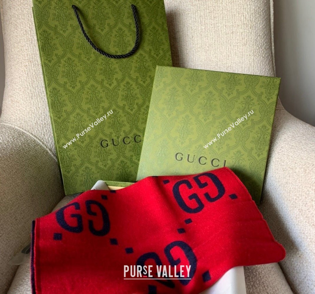 Gucci Jumbo GG Wool Scarf 35x190cm Blue/Red 2023 1206 (WNS-231206109)