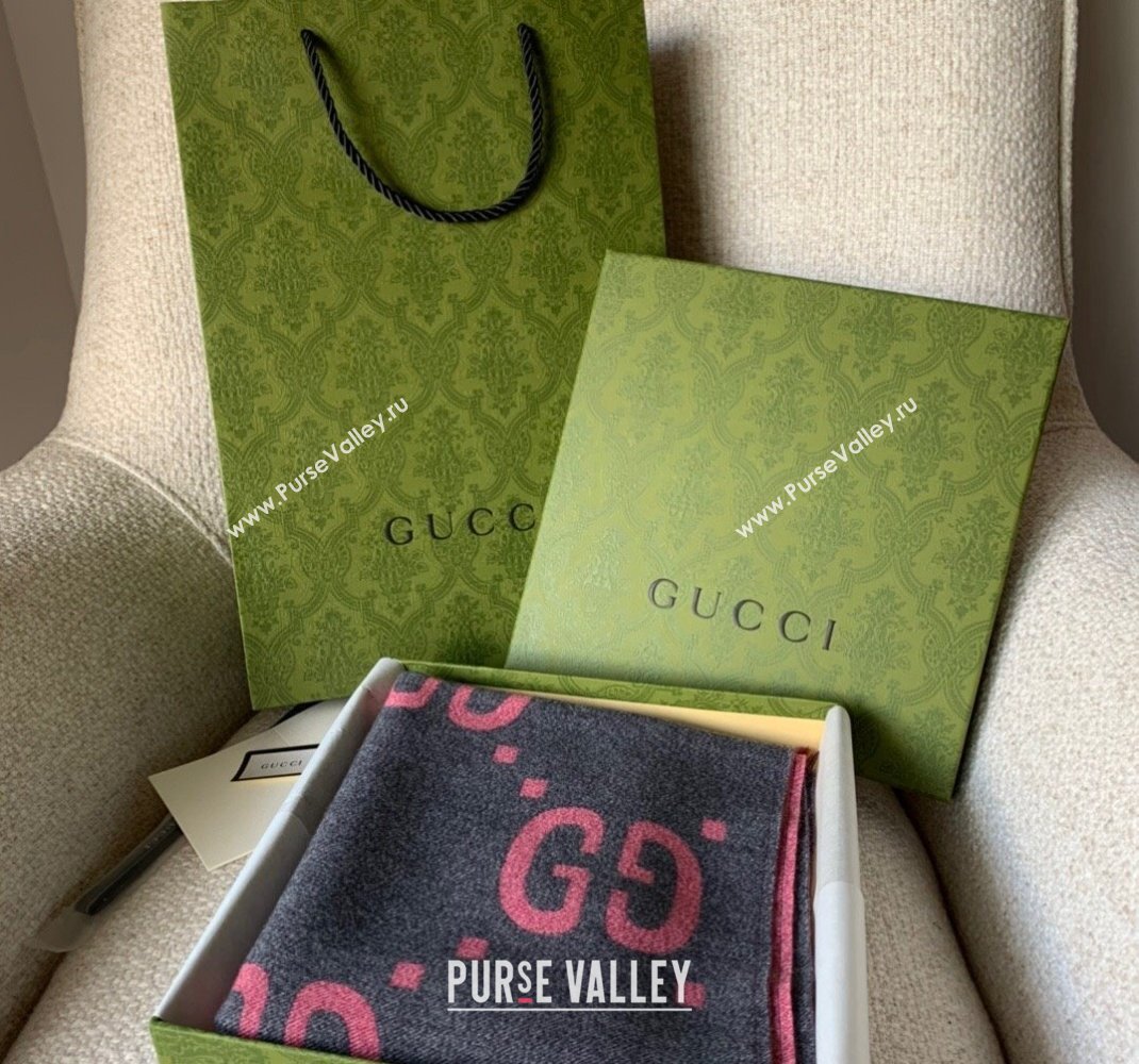 Gucci Jumbo GG Wool Scarf 35x190cm Grey/Pink 2023 1206 (WNS-231206110)