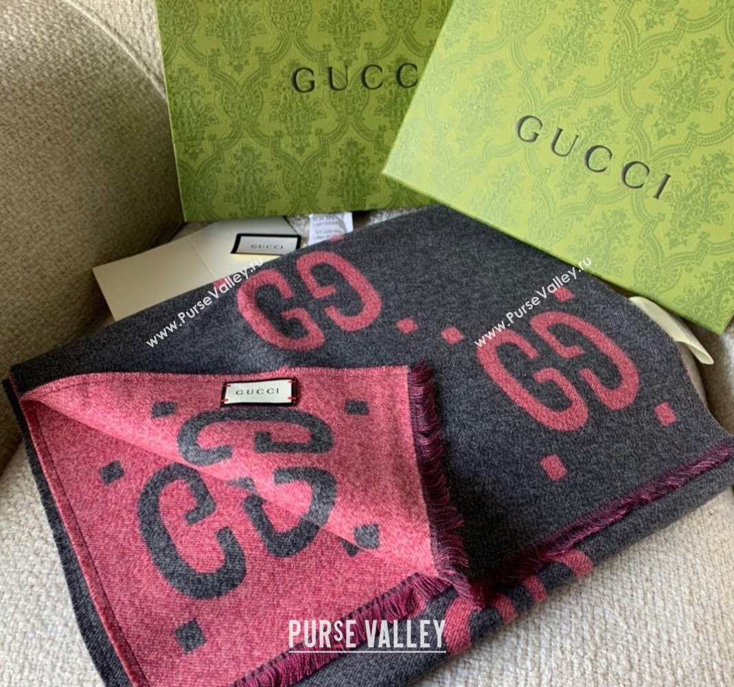 Gucci Jumbo GG Wool Scarf 35x190cm Grey/Pink 2023 1206 (WNS-231206110)