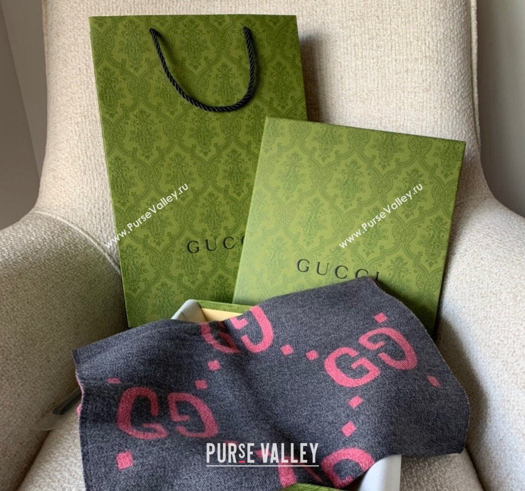 Gucci Jumbo GG Wool Scarf 35x190cm Grey/Pink 2023 1206 (WNS-231206110)