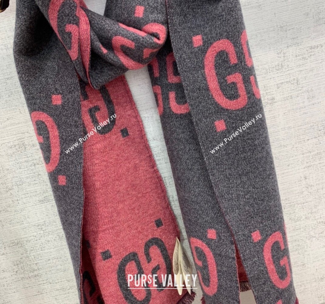 Gucci Jumbo GG Wool Scarf 35x190cm Grey/Pink 2023 1206 (WNS-231206110)