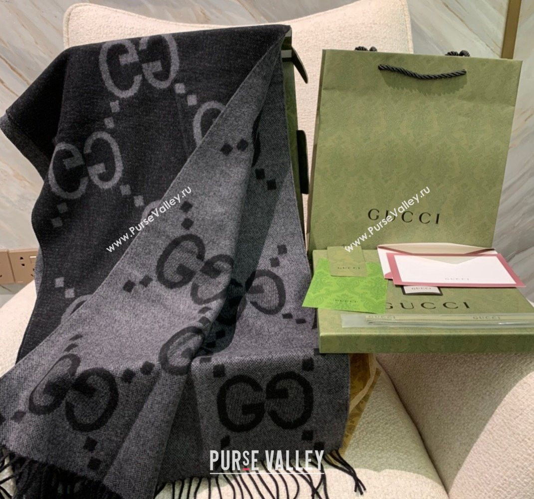 Gucci Jumbo GG Cashmere Scarf 45x200cm Light/Dark Grey 2023 1206 (WNS-231206111)