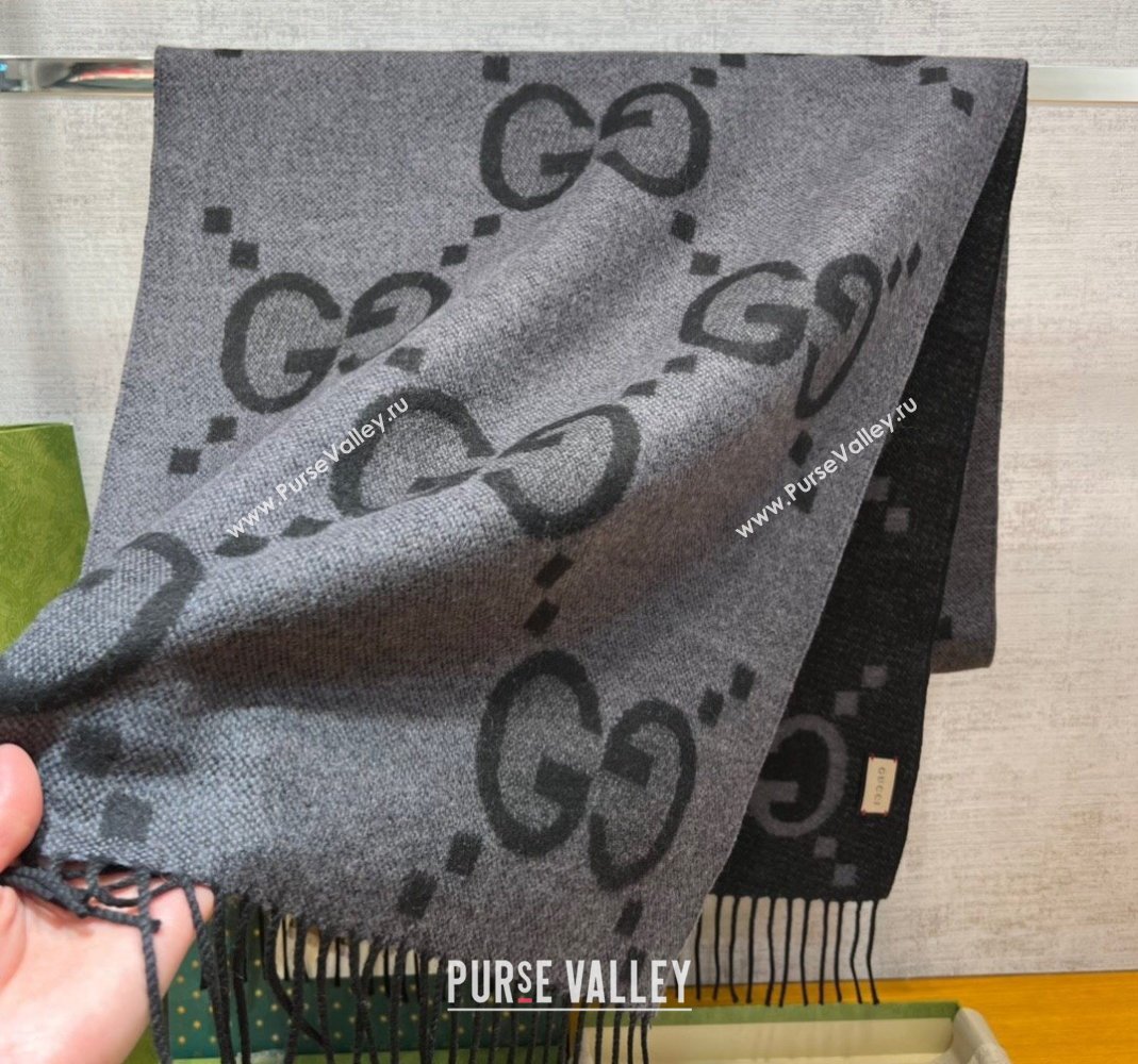 Gucci Jumbo GG Cashmere Scarf 45x200cm Light/Dark Grey 2023 1206 (WNS-231206111)