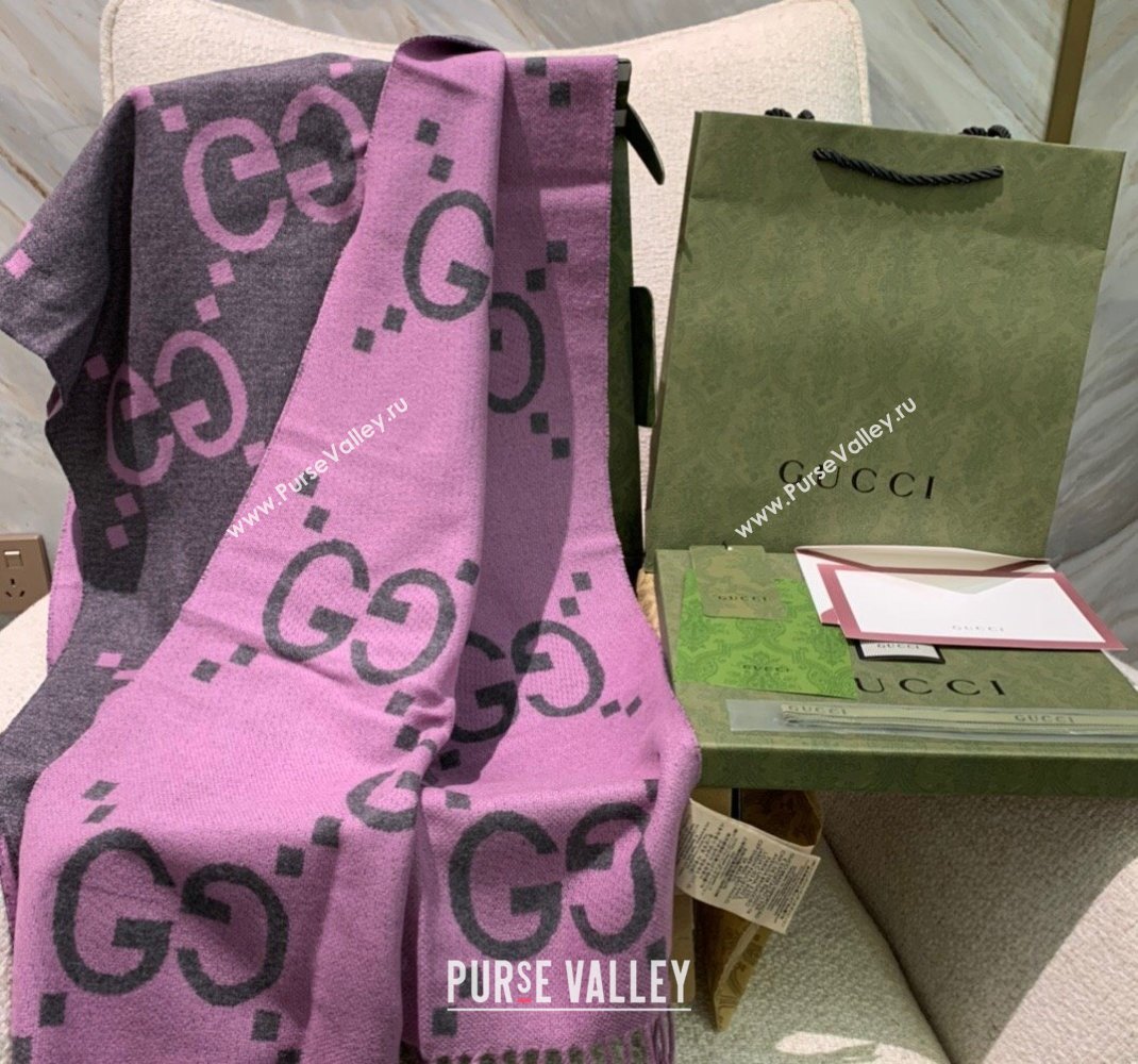 Gucci Jumbo GG Cashmere Scarf 45x200cm Grey/Pink 2023 1206 (WNS-231206112)