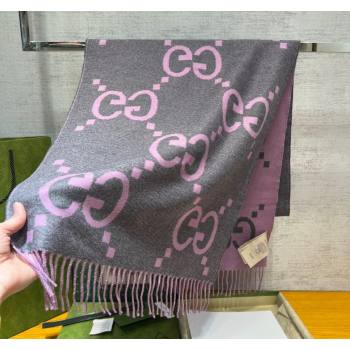 Gucci Jumbo GG Cashmere Scarf 45x200cm Grey/Pink 2023 1206 (WNS-231206112)