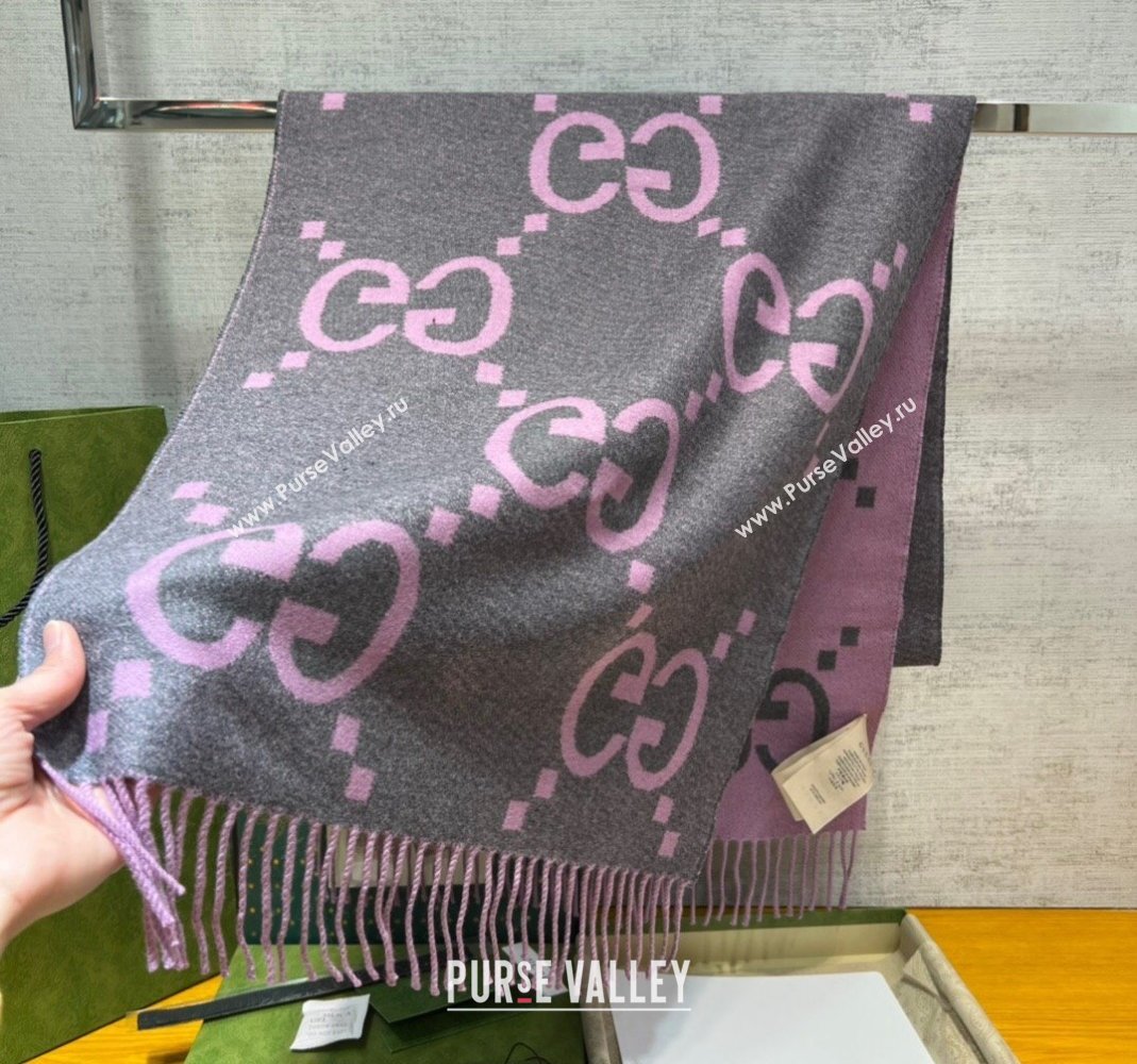 Gucci Jumbo GG Cashmere Scarf 45x200cm Grey/Pink 2023 1206 (WNS-231206112)