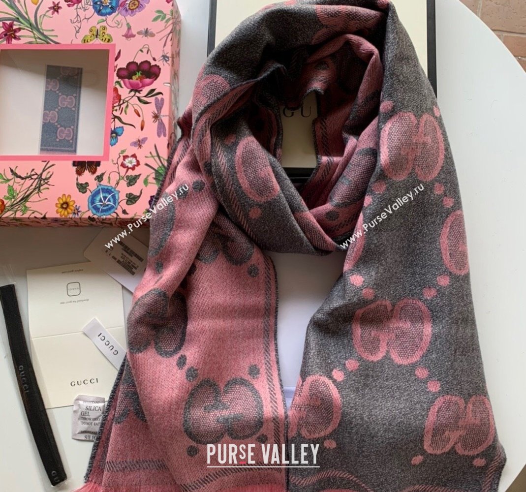 Gucci Shiny Jumbo GG Wool Scarf 45x195cm Grey/Pink 2023 1206 (WNS-231206114)