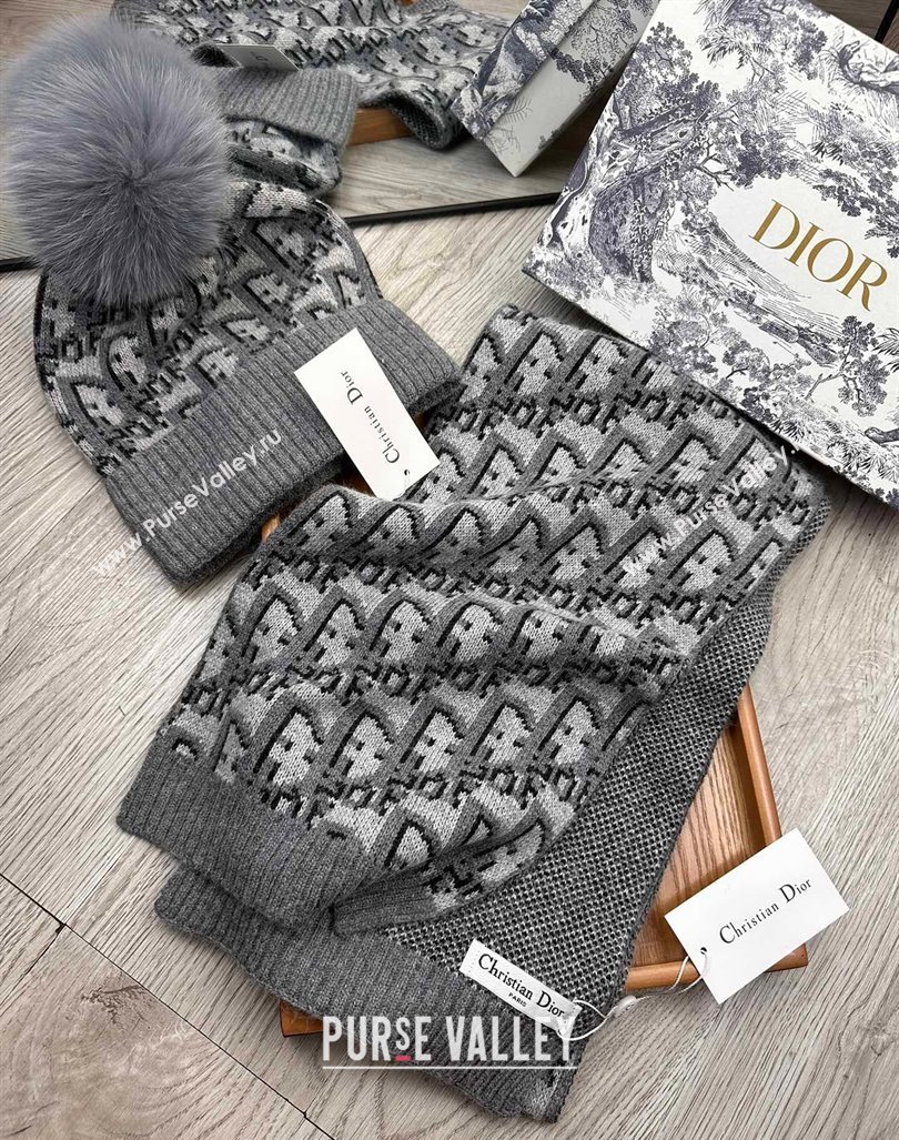 Dior Oblique Knit Hat and Scarf Set Grey 2023 1123 (XMN-231206010)