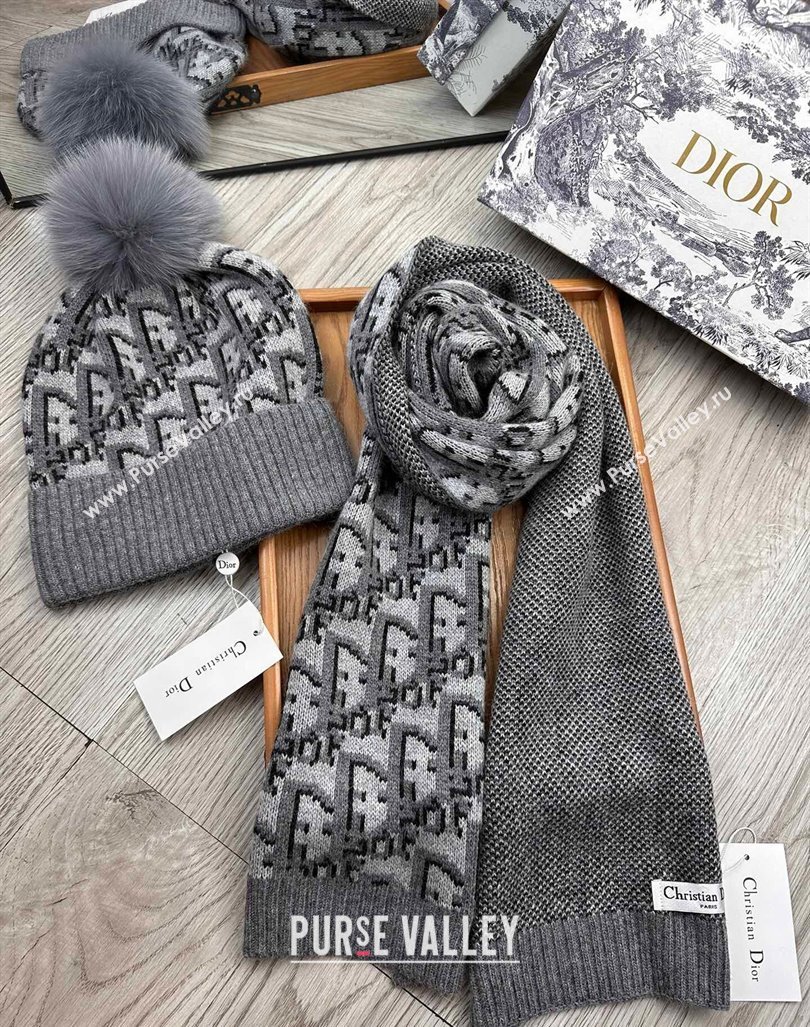 Dior Oblique Knit Hat and Scarf Set Grey 2023 1123 (XMN-231206010)