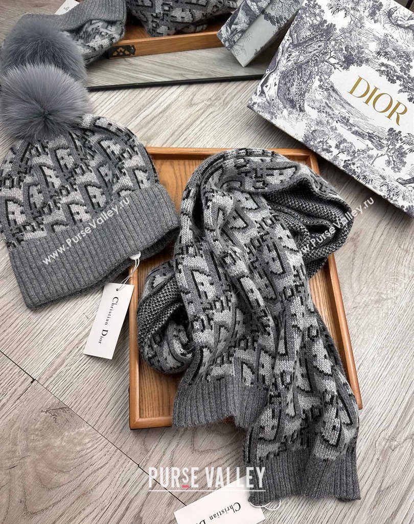 Dior Oblique Knit Hat and Scarf Set Grey 2023 1123 (XMN-231206010)