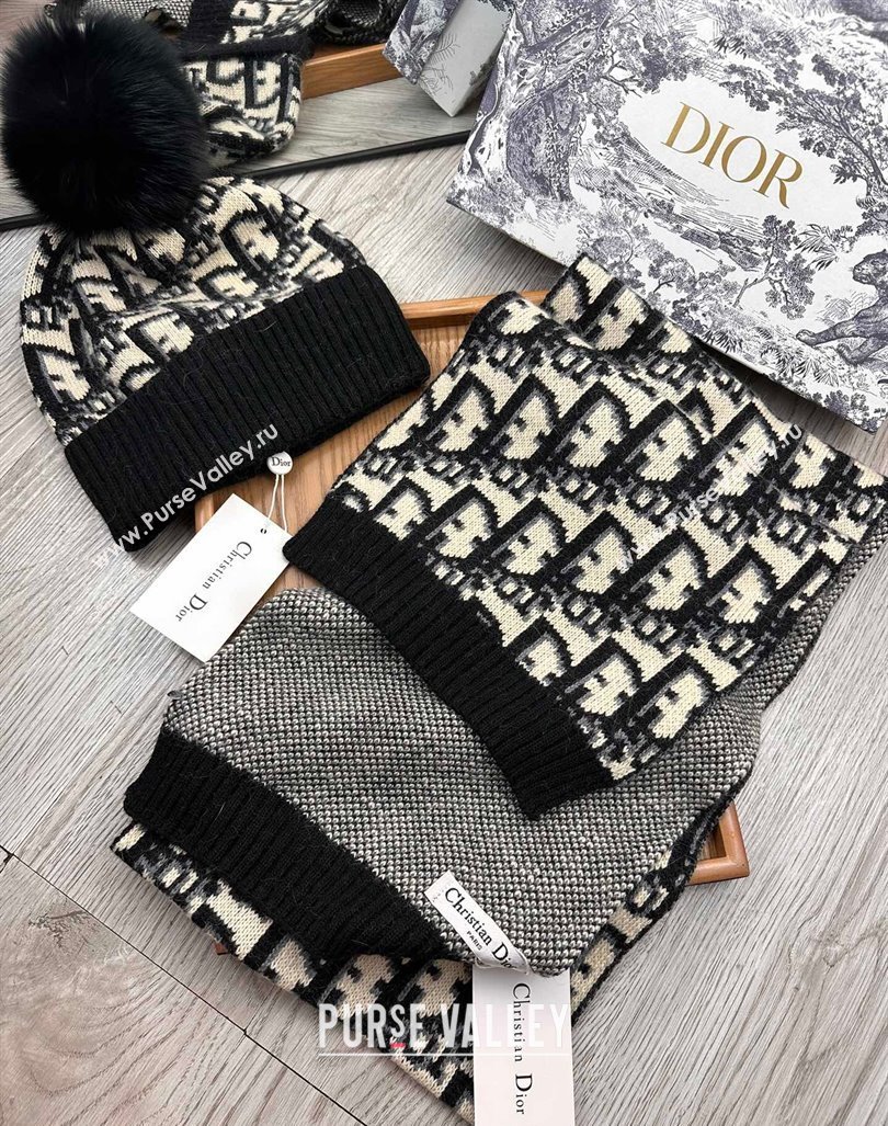 Dior Oblique Knit Hat and Scarf Set Black 2023 1123 (XMN-231206012)