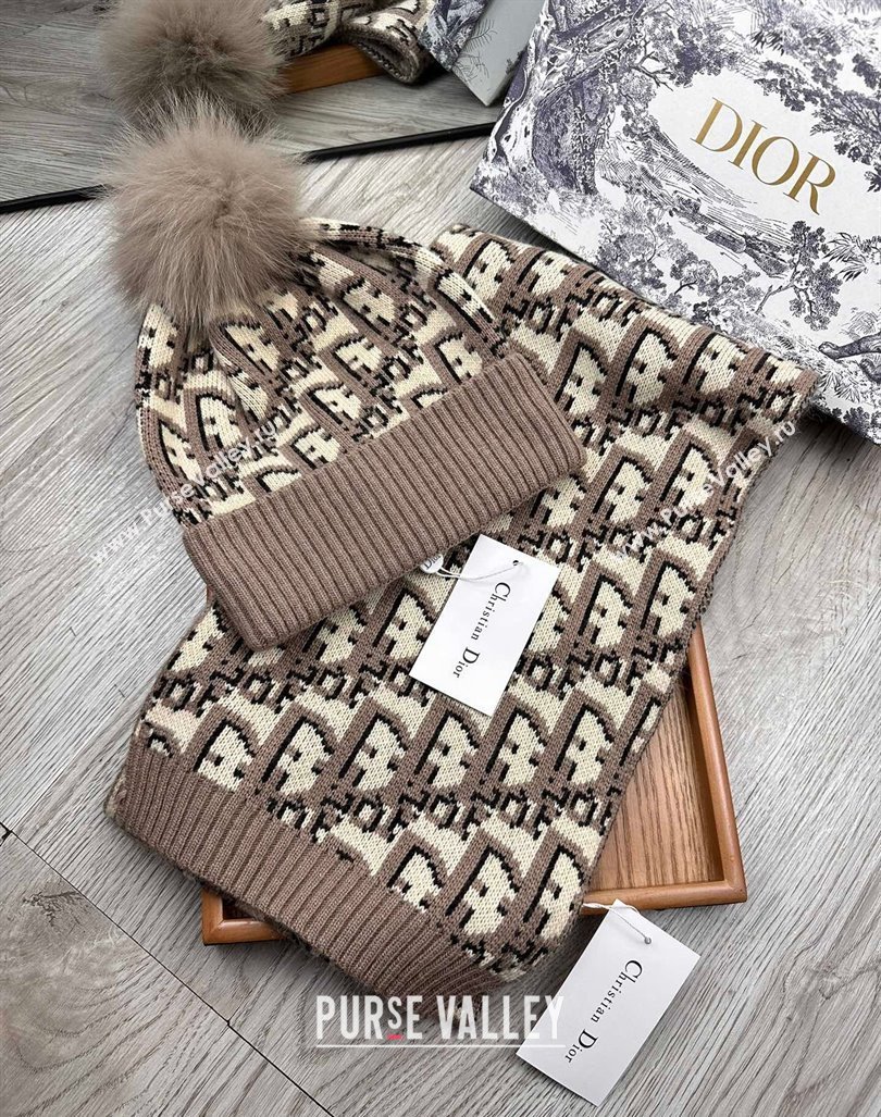 Dior Oblique Knit Hat and Scarf Set Khaki 2023 1123 (XMN-231206013)