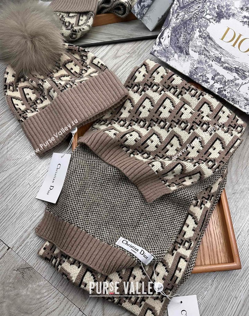 Dior Oblique Knit Hat and Scarf Set Khaki 2023 1123 (XMN-231206013)