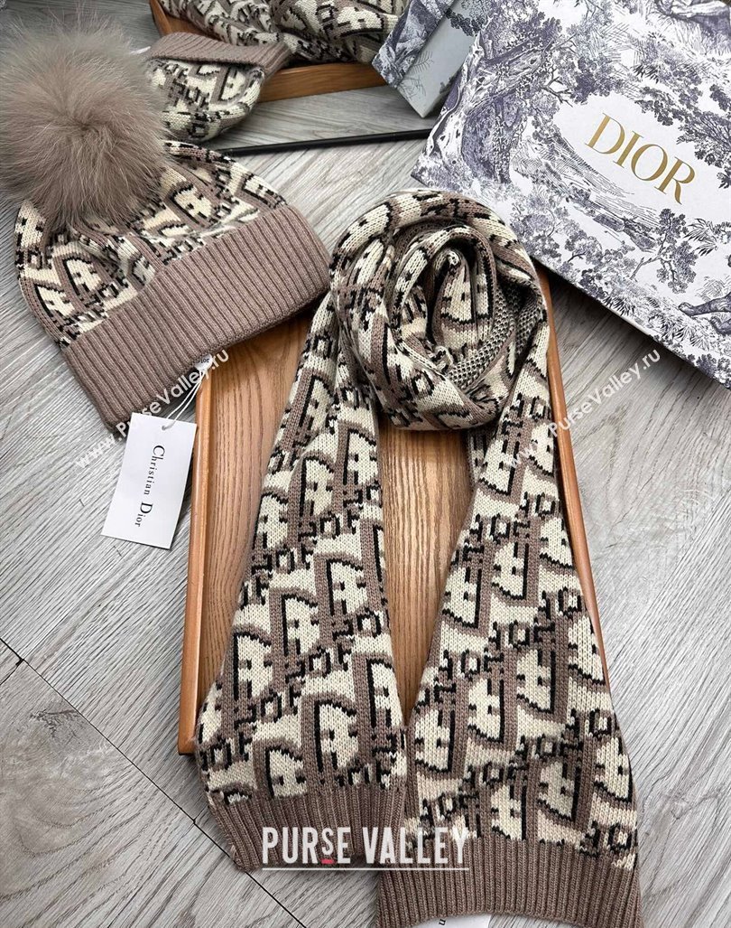 Dior Oblique Knit Hat and Scarf Set Khaki 2023 1123 (XMN-231206013)