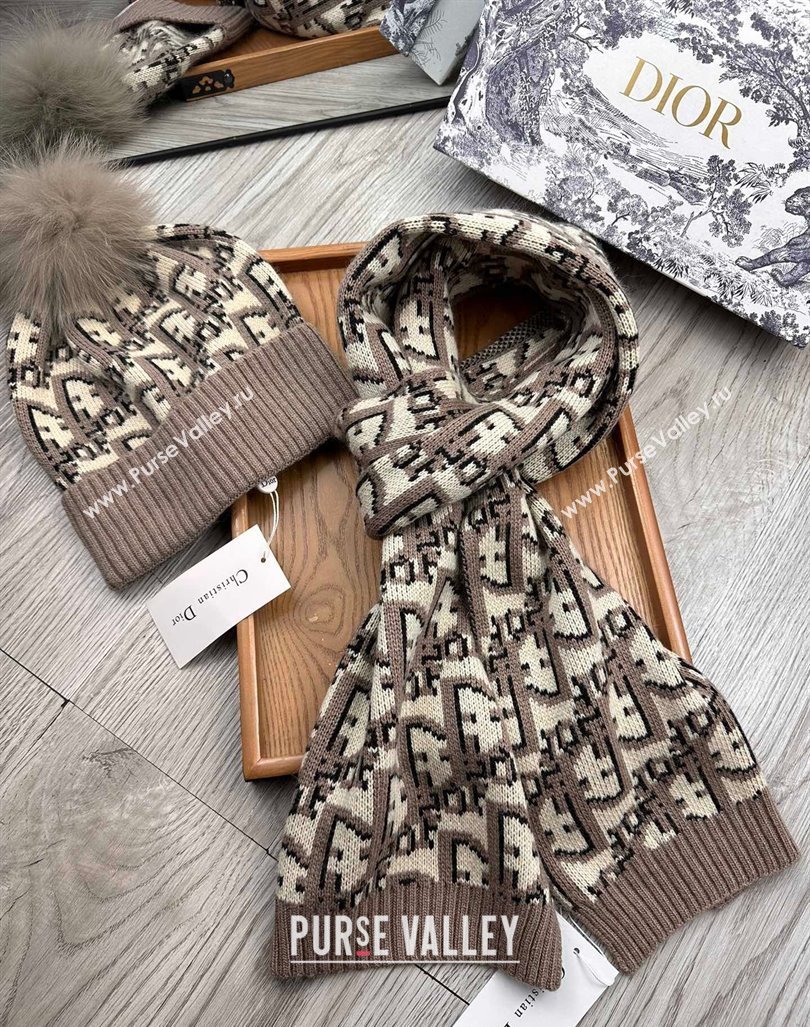 Dior Oblique Knit Hat and Scarf Set Khaki 2023 1123 (XMN-231206013)