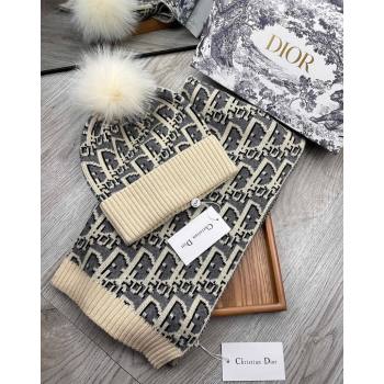 Dior Oblique Knit Hat and Scarf Set Light Beige 2023 1123 (XMN-231206014)