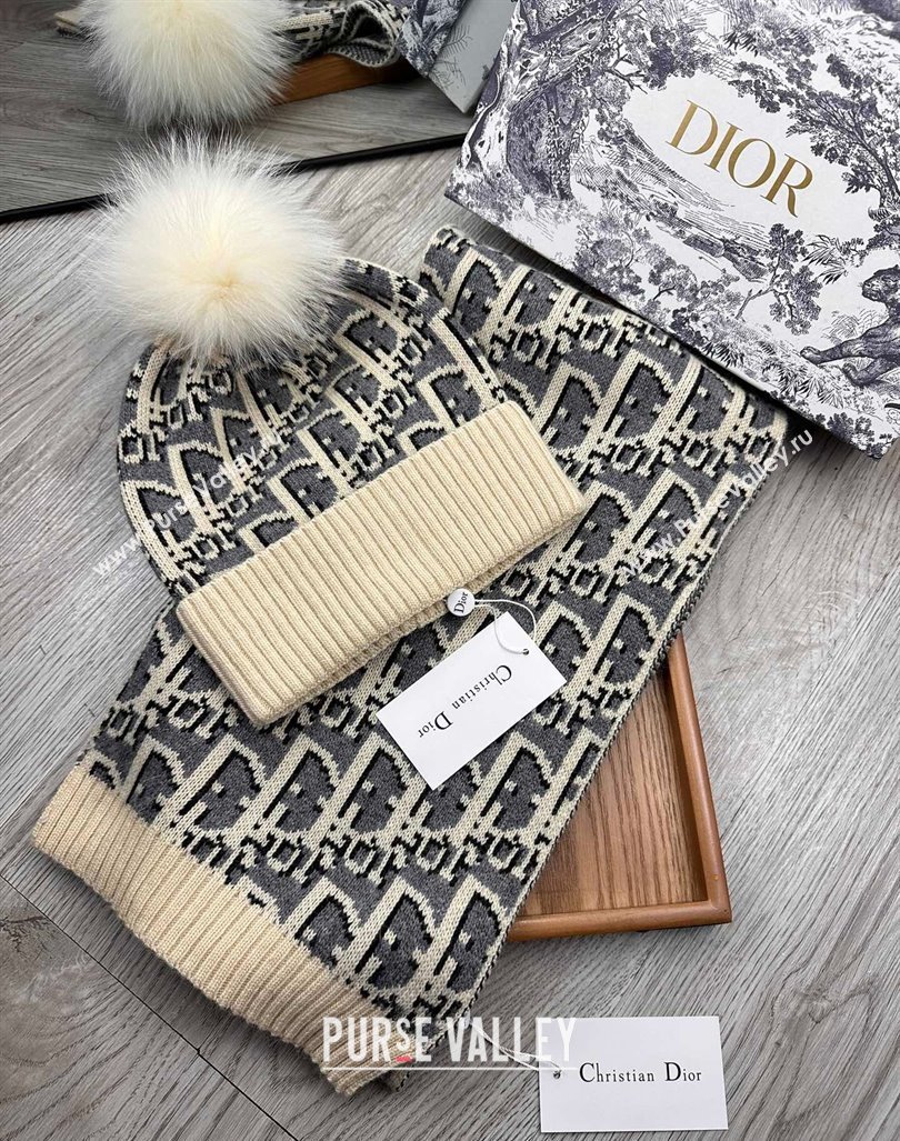 Dior Oblique Knit Hat and Scarf Set Light Beige 2023 1123 (XMN-231206014)