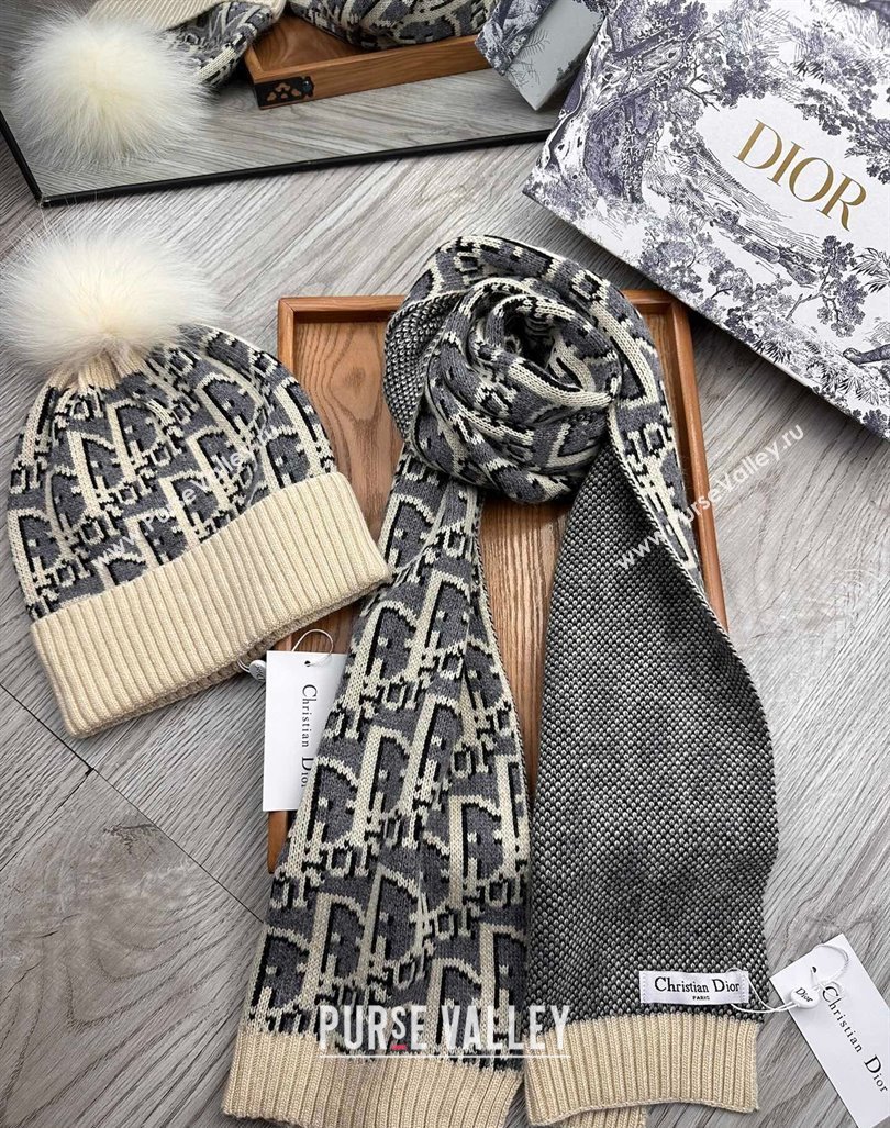 Dior Oblique Knit Hat and Scarf Set Light Beige 2023 1123 (XMN-231206014)