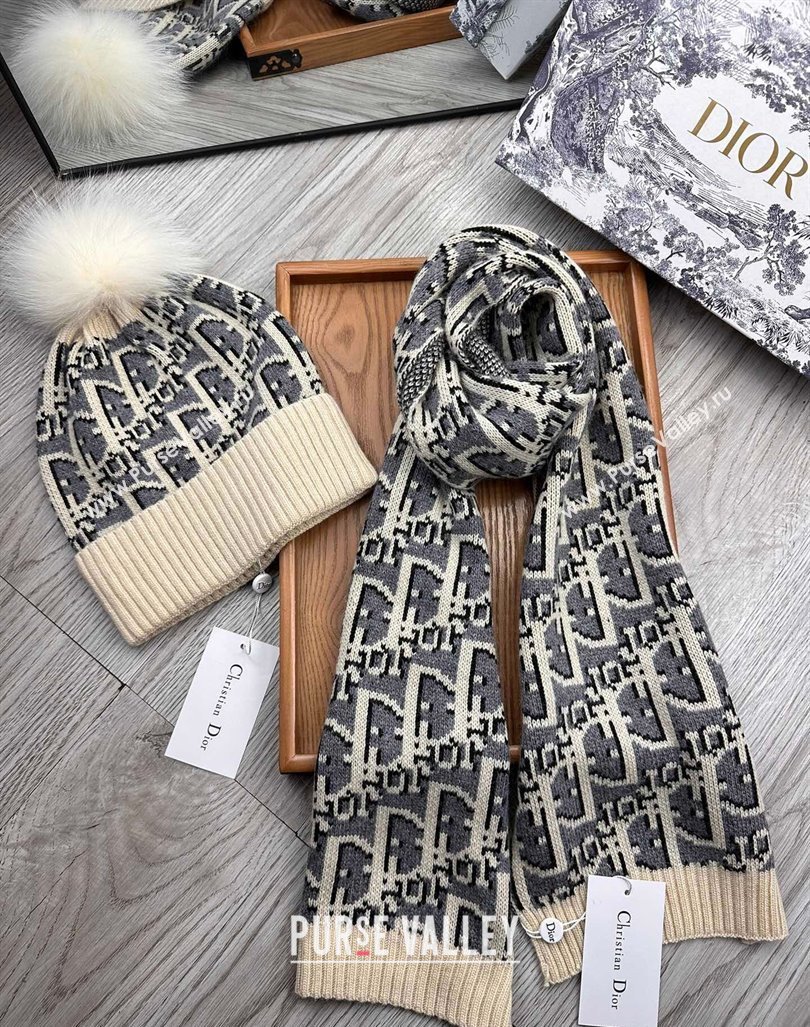 Dior Oblique Knit Hat and Scarf Set Light Beige 2023 1123 (XMN-231206014)