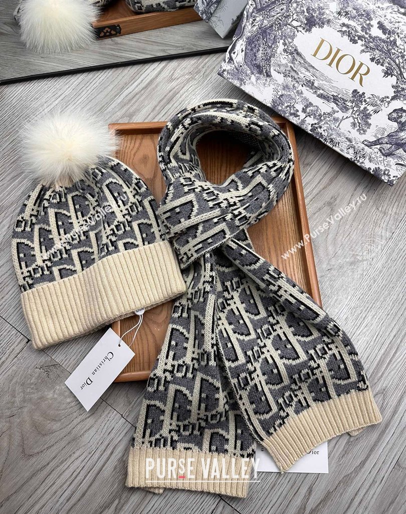 Dior Oblique Knit Hat and Scarf Set Light Beige 2023 1123 (XMN-231206014)