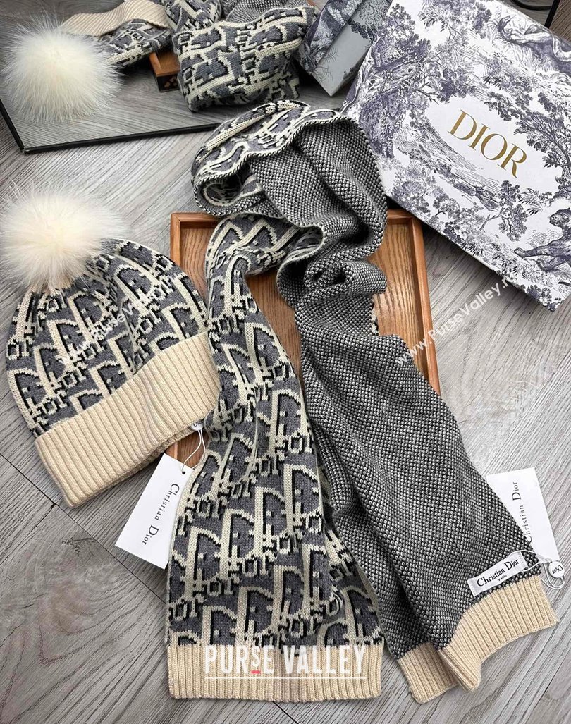 Dior Oblique Knit Hat and Scarf Set Light Beige 2023 1123 (XMN-231206014)