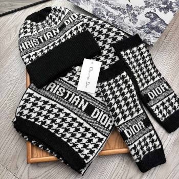 Dior Houndtooth Knit Gloves, Hat and Scarf Set Black 2023 1123 (XMN-231206015)