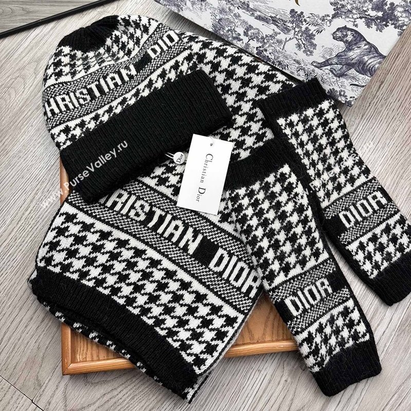 Dior Houndtooth Knit Gloves, Hat and Scarf Set Black 2023 1123 (XMN-231206015)