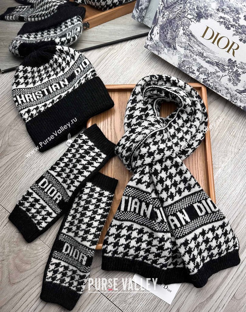 Dior Houndtooth Knit Gloves, Hat and Scarf Set Black 2023 1123 (XMN-231206015)