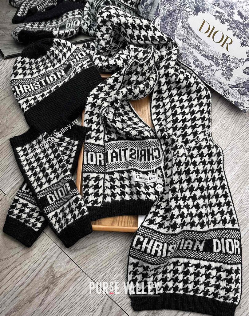 Dior Houndtooth Knit Gloves, Hat and Scarf Set Black 2023 1123 (XMN-231206015)