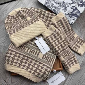 Dior Houndtooth Knit Gloves, Hat and Scarf Set Beige 2023 1123 (XMN-231206016)