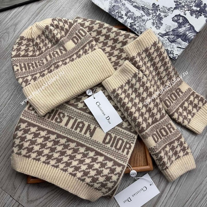 Dior Houndtooth Knit Gloves, Hat and Scarf Set Beige 2023 1123 (XMN-231206016)